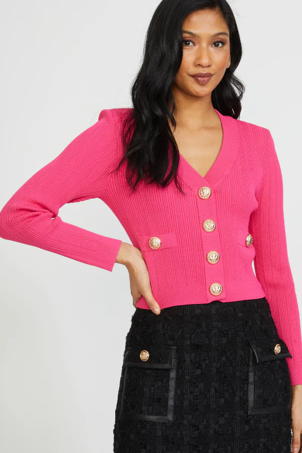 Women's Fitted Shoulder Pad Cardigan - Soft Knit Long Sleeve Open Front Sweater in Fuchsia Pink | Perfect for Office Wear, Casual Outfits & Layering in Fall/Winter