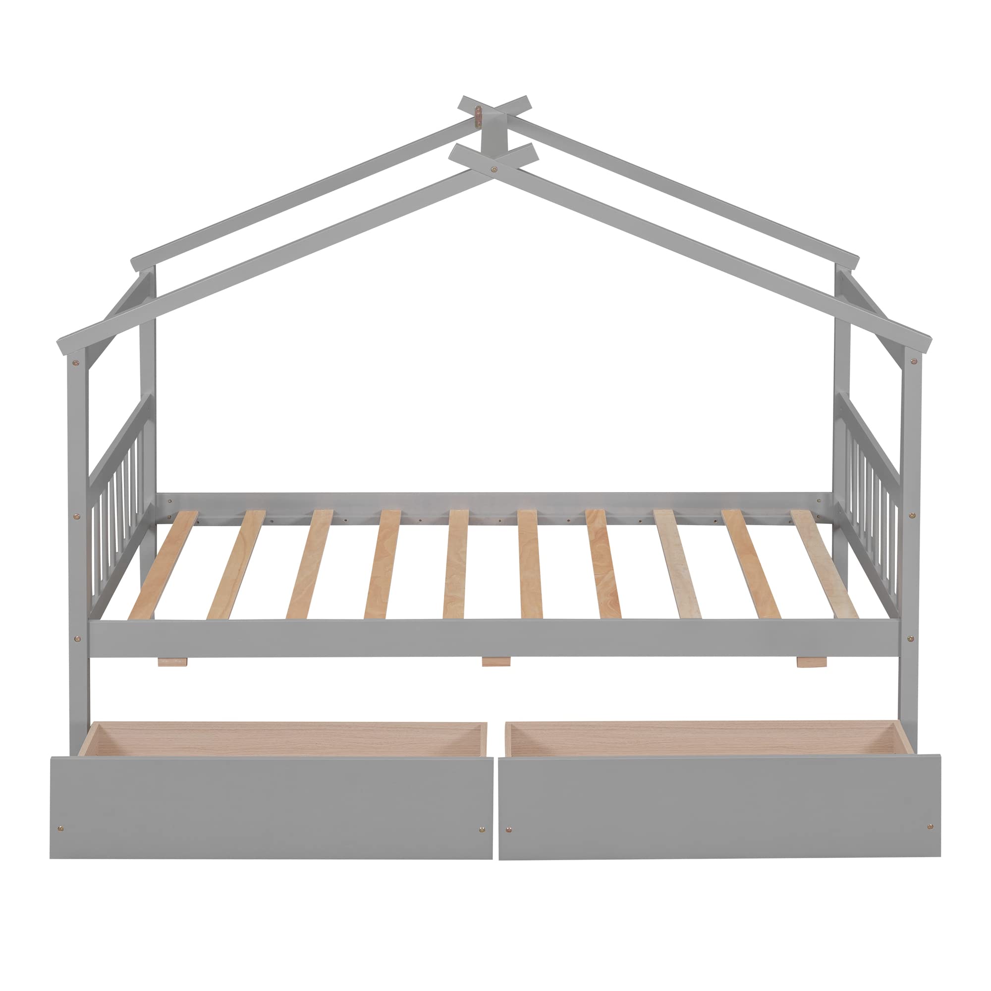 Harper & Bright Designs Twin Size Wooden House Bed for Kids with Storage Drawers - Sturdy Kids Bed Frame with Roof Design for Boys & Girls, Grey - Perfect for Bedrooms, Playrooms & Kids' Sleepovers