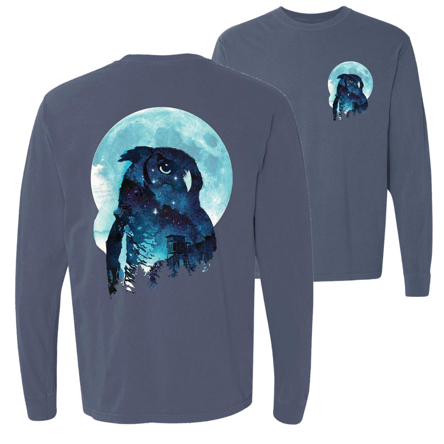 Vintage Washed Long Sleeve T-Shirt for Animal Lovers - Owl Print Beachwear for Winter Nights - Cozy Casual Wear for Night Owls & Nature Enthusiasts