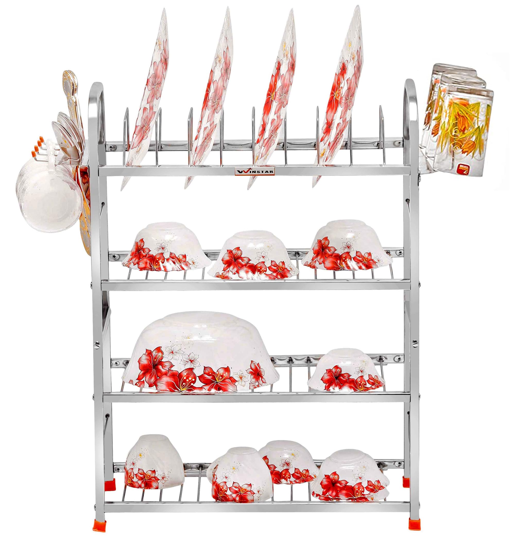 WINSTAR 4-Tier Stainless Steel Wall Mount Kitchen Utensil Organizer | Space-Saving Dish Rack with Plate Holder, Cutlery Stand & Wine Glass Storage | Modular Kitchen Storage Solution for Small Spaces (24