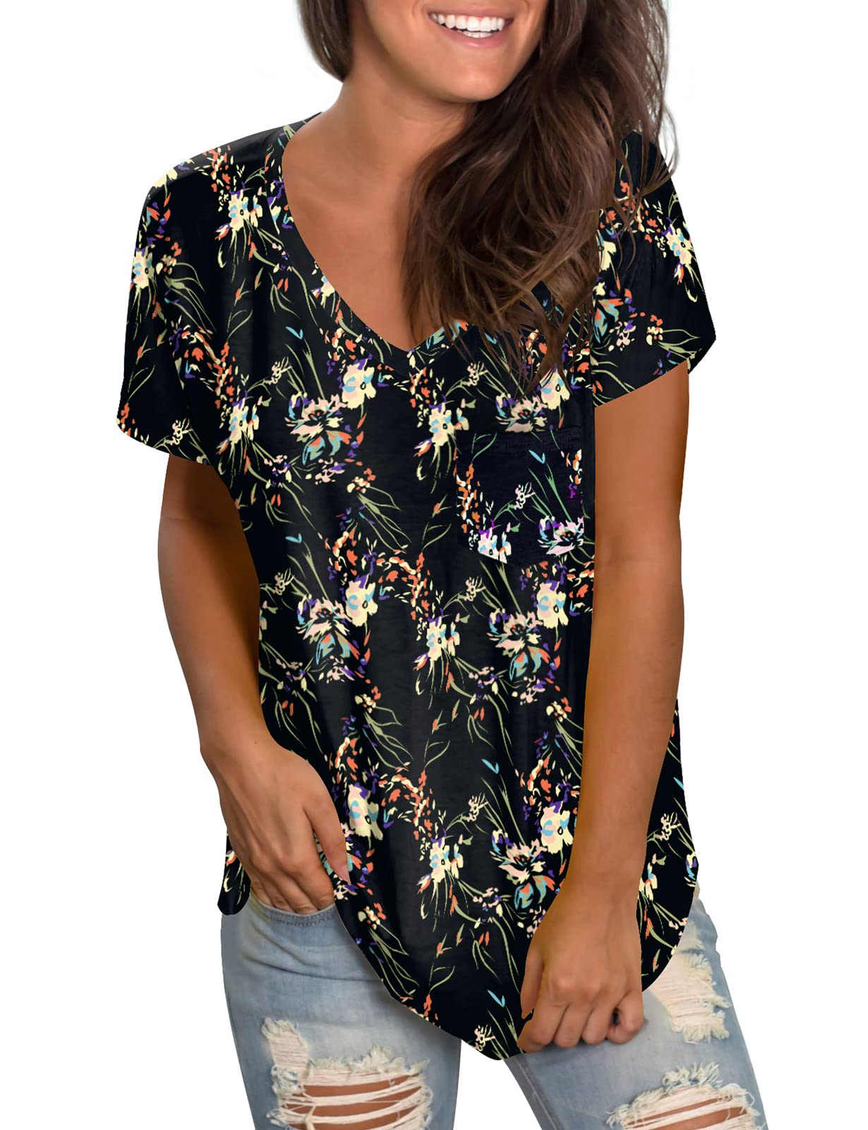 WEESO Women's V Neck Short Sleeve T-Shirts with Pocket - Casual Drop Tail Hem Relaxed Fit Tee for Summer, Travel & Everyday Wear