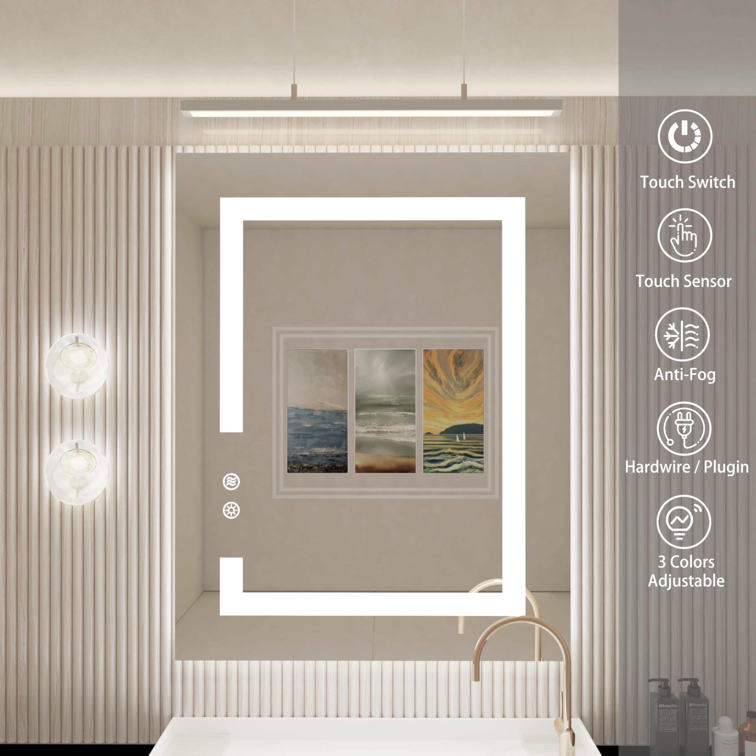 32 x 24 Inch LED Bathroom Vanity Mirror with Dimmable 3-Color Lighting - Wall Mounted Anti-Fog Makeup Mirror with Touch Switch (Front & Backlit) - Perfect for Home Bathroom, Dressing Room and Professional Salon Use