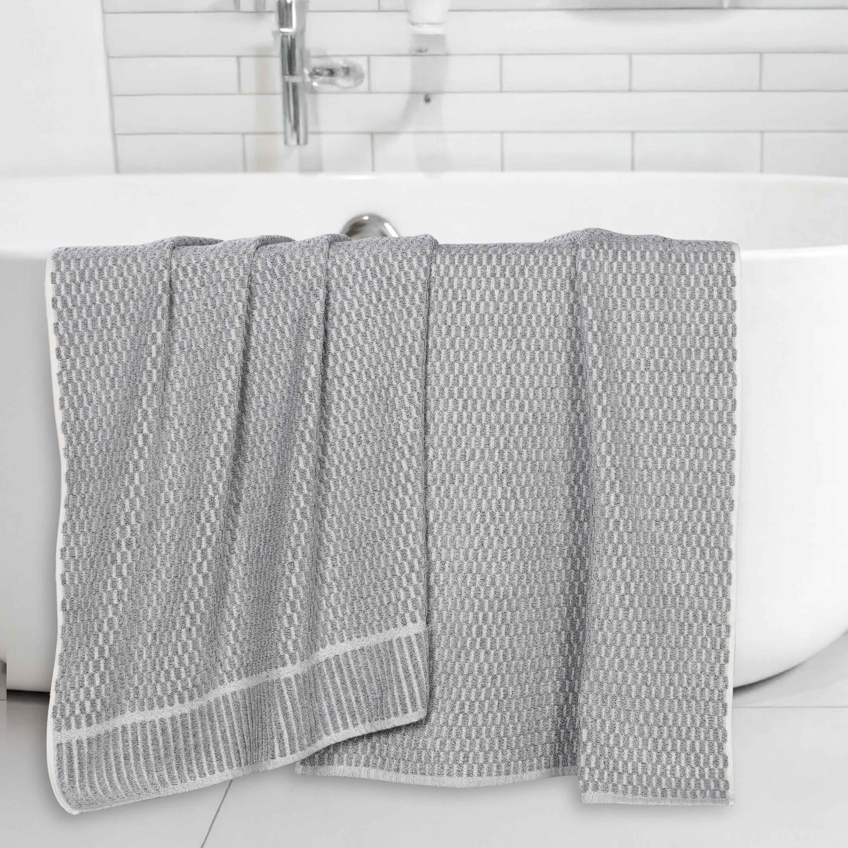 Premium Juno Cotton Blend Medium Weight Checkered Border Bath Towels - Ultra Absorbent & Soft, Set of 2 (Grey/White) | Luxury Bath Sheets for Spa, Hotel & Home Use