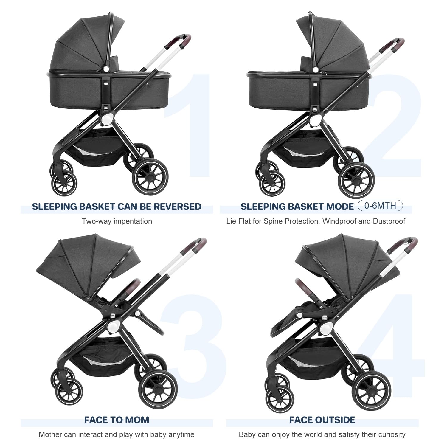SIMPLGIRL Full-Size Baby Stroller with Removable Bassinet & Reversible Seat - Lightweight Travel Stroller for Newborns & Toddlers - Smooth Glide Wheels for Park Walks & Shopping Trips - Black