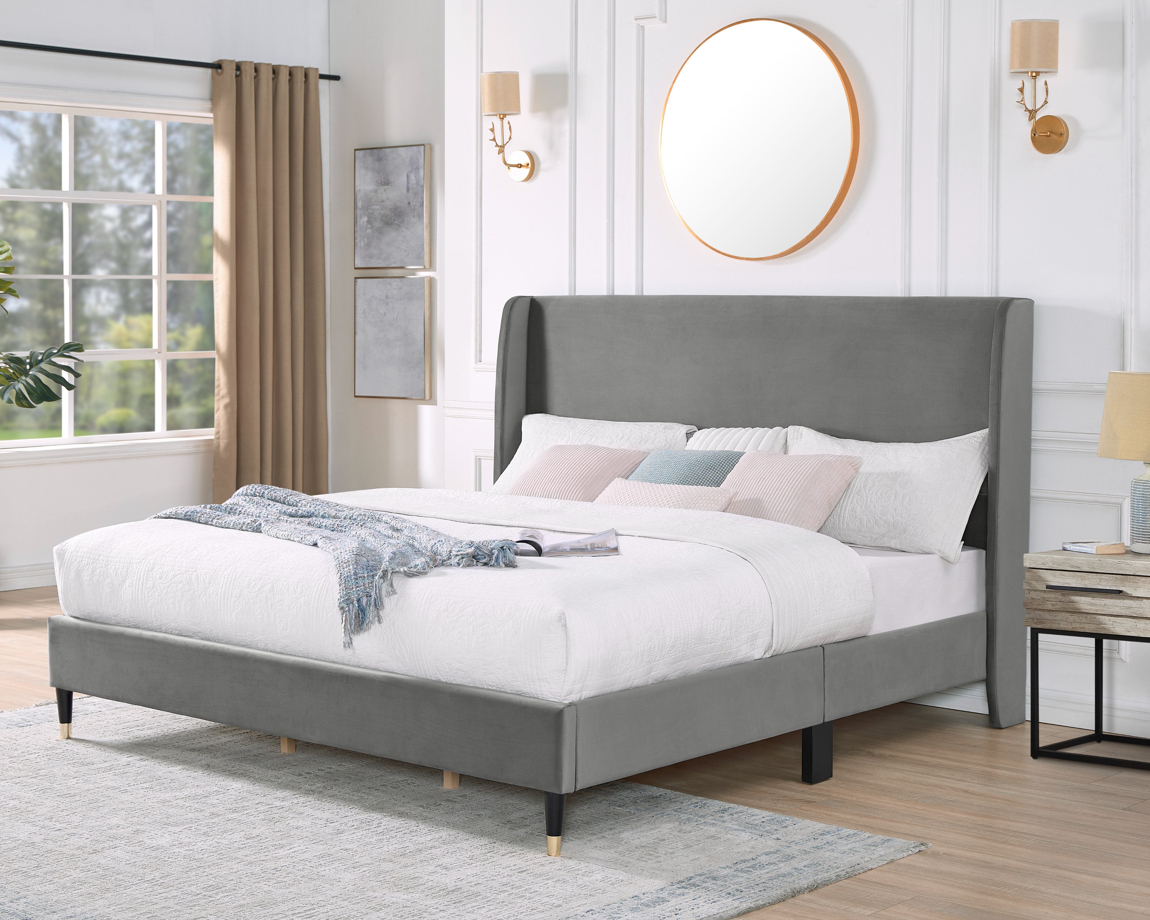 Roundhill Furniture Rozitta Upholstered Wingback Platform Bed Frame - Queen Size Upholstered Bed with Button Tufted Headboard for Bedroom, Modern Luxury Bed Frame with Sturdy Wooden Slat Support (Perfect for Master Bedroom, Guest Room or Apartment)