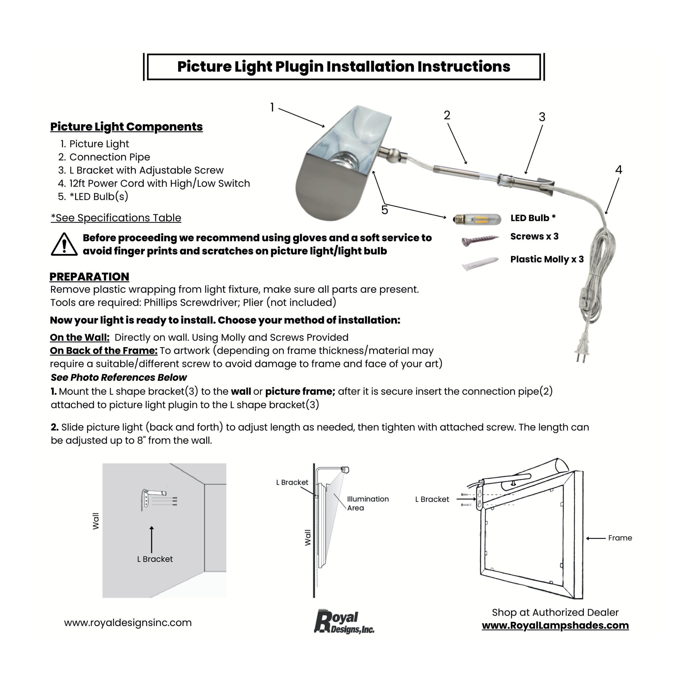 Royal Designs Plug-in Picture Light - 12 ft Cord with Hi/Low/Off Switch, Brushed Satin Brass Gallery Lighting for Artwork & Wall Decor (8.75 Inch) - Perfect for Home, Office & Museum Display