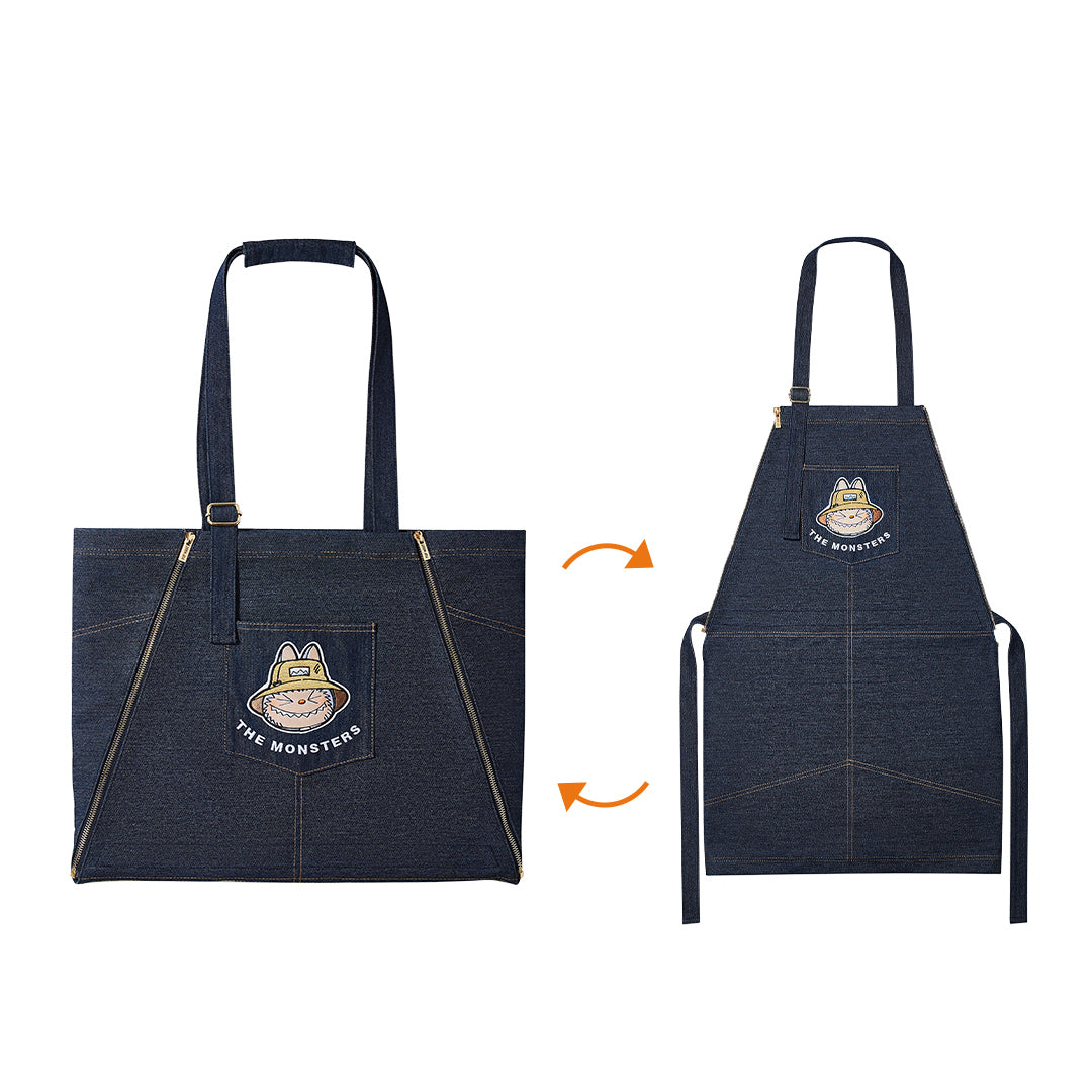 POP MART LABUBU The Monsters Denim Tote Bag & Apron Set - Cute Kawaii Anime Crossbody Shoulder Bag for Women, Perfect for Shopping, Picnics, and Cosplay Events