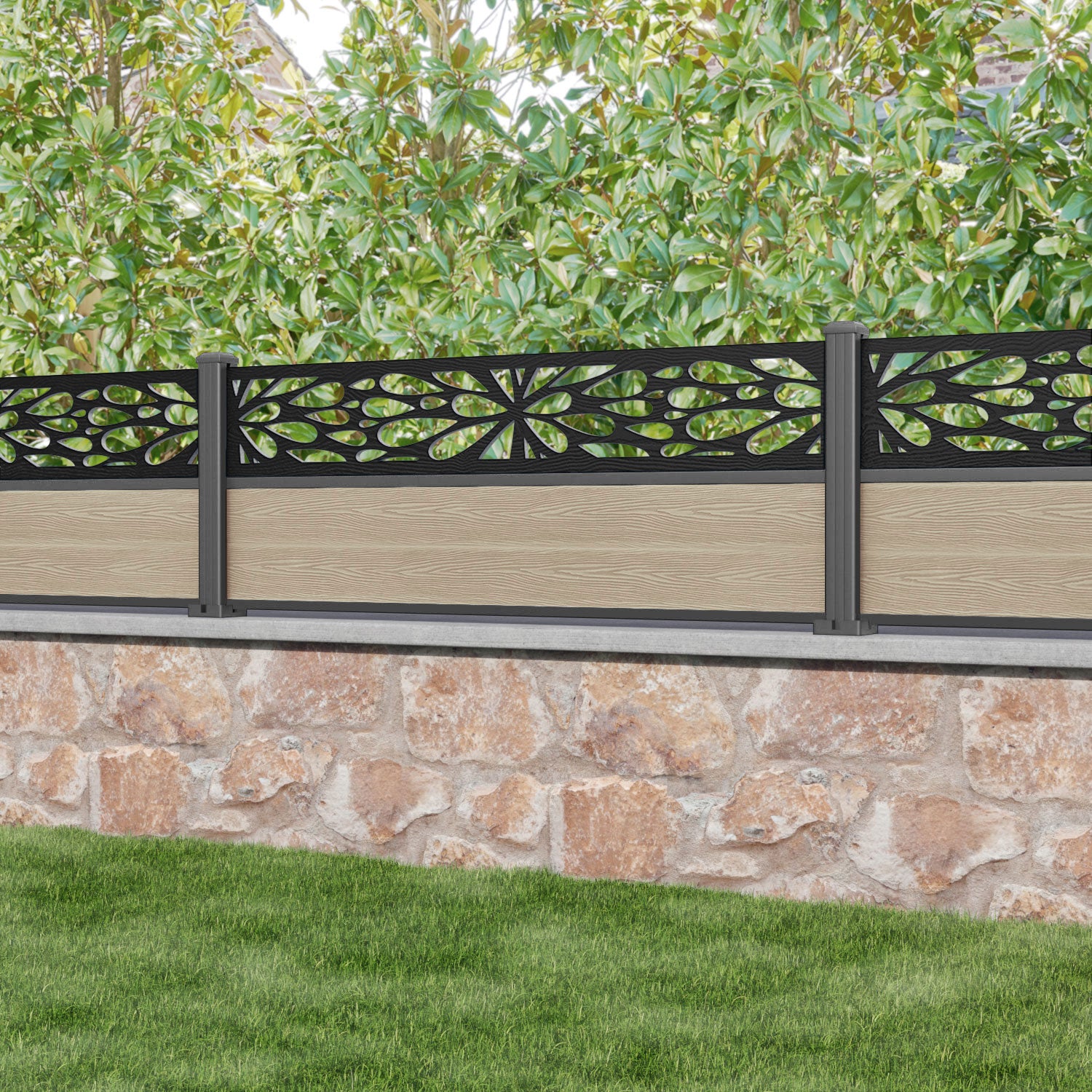Classic Blossom Fence Panel - Light Oak Wood Garden Fence with Aluminum Posts - Perfect for Backyard Privacy, Patio Decoration, and Outdoor Landscaping