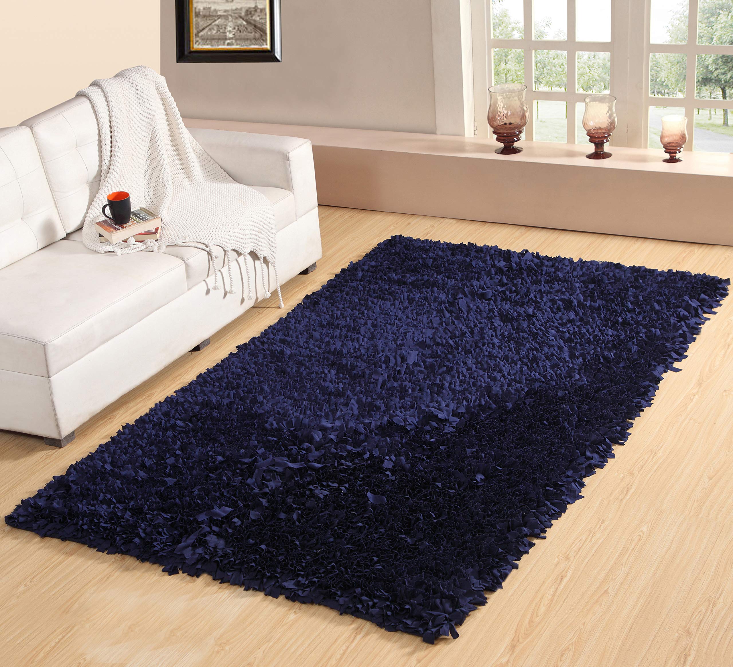 Premium Soft Jersey Shaggy Rug 5' x 8' Navy Blue - Machine Washable Non-Slip Living Room Carpet | Foldable Indoor Floor Mat for Home Decor, Bedroom & Cozy Spaces