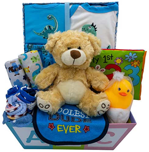 Sweet New Baby Boy Gift Basket - Adorable Baby Layette Set with Essential Newborn Items | Perfect Baby Shower Gift for Expecting Moms | Dinosaur-Themed Blue Baby Clothes | Ideal for Hospital Visits, Welcome Home Celebrations & First Birthday Gifts