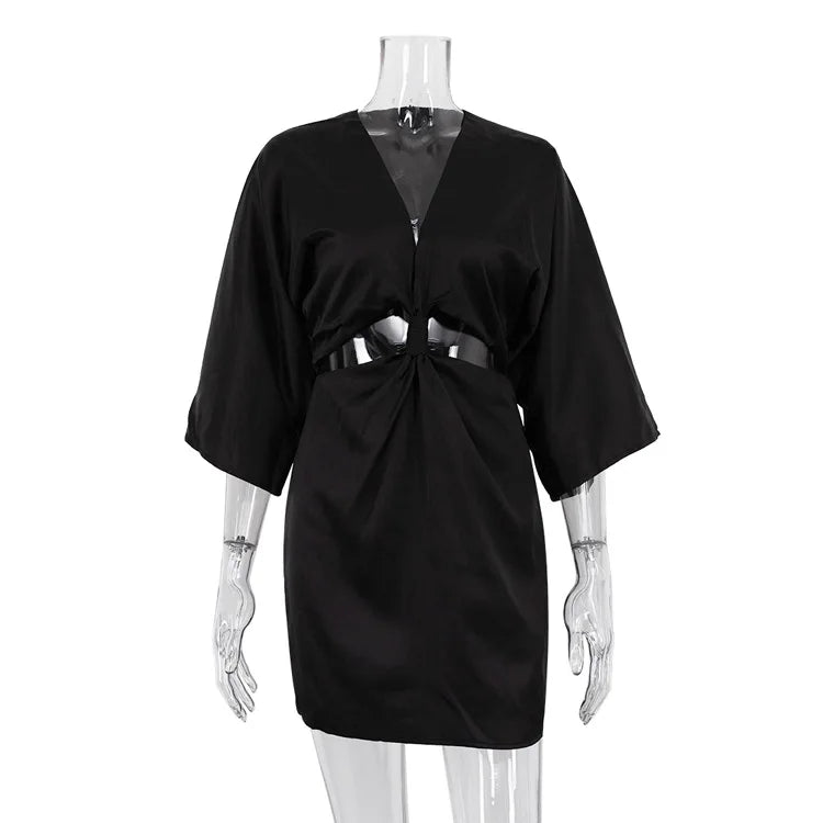 Flare Sleeve Satin Summer Dress for Women - Deep V Neck Hollow Out Party Club Dress, Slim Beach Dress for Night Out, Vacation, and Special Occasions