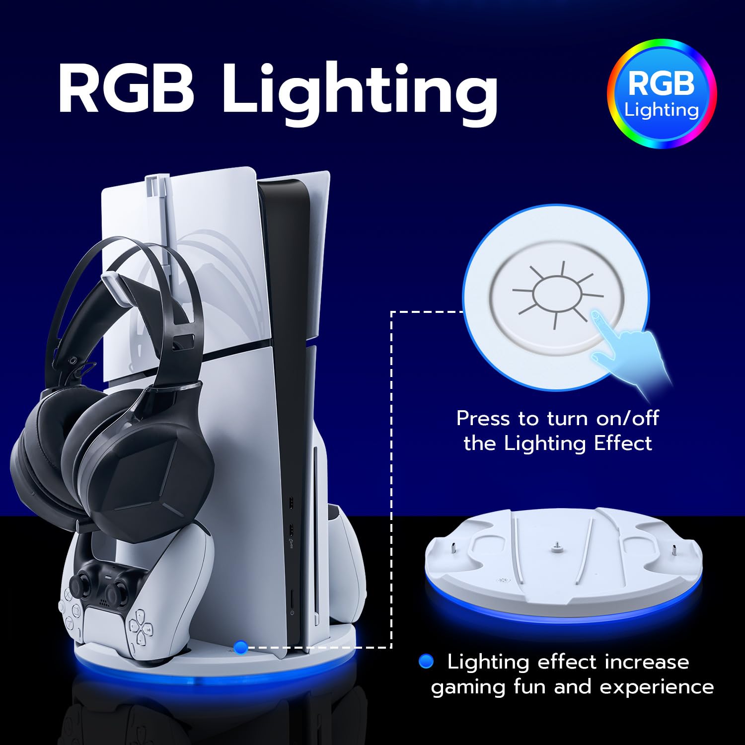 PS5 Slim Vertical Stand with LED Light & Fast Charging Dock - Dual Controller Charging Station, Headset Hook Accessories - White (Compatible with PS5 Slim Digital/Disc Edition) - Perfect for Gaming Setup & Organized Playstation Accessories Storage