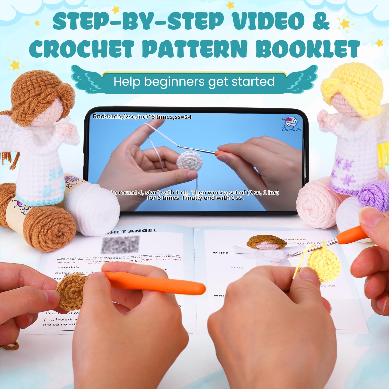 Beginner Crochet Kit for Adults & Kids - 2-Pack Amigurumi Angel DIY Knitting Supplies with Step-by-Step Video Tutorials (40%+ Yarn) | Perfect for Crafting, Gifts & Stress Relief