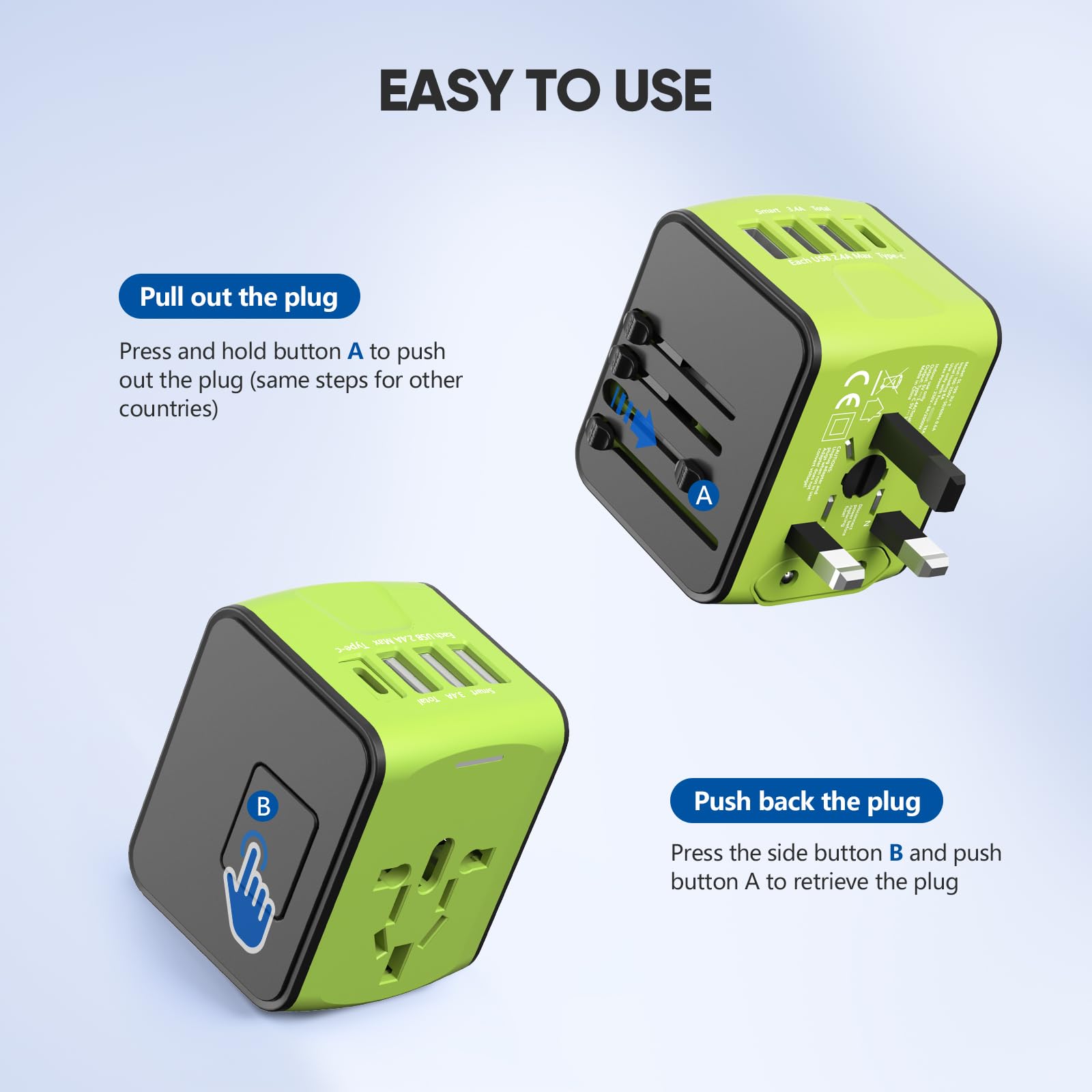 Universal Travel Adapter with USB-C Fast Charging - Worldwide All-in-One Power Plug Converter for Europe, Italy, US, Australia & 170+ Countries | Perfect for Business Trips, Vacations & International Travel Accessories