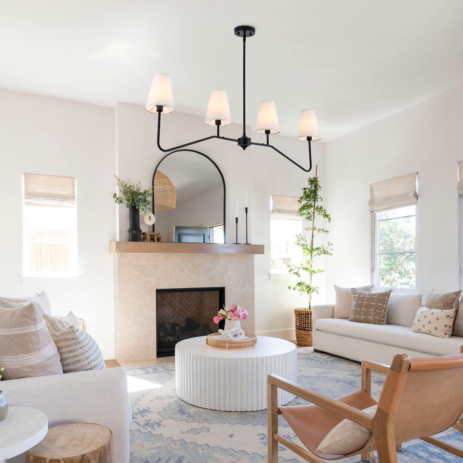 VILUXY Classic Linear Chandelier - 4-Light Modern Pendant Lighting for Kitchen Island, Dining Room & Living Room | Off-White Fabric Shade | Indoor Restaurant Lighting | Perfect for Contemporary Homes & Commercial Spaces
