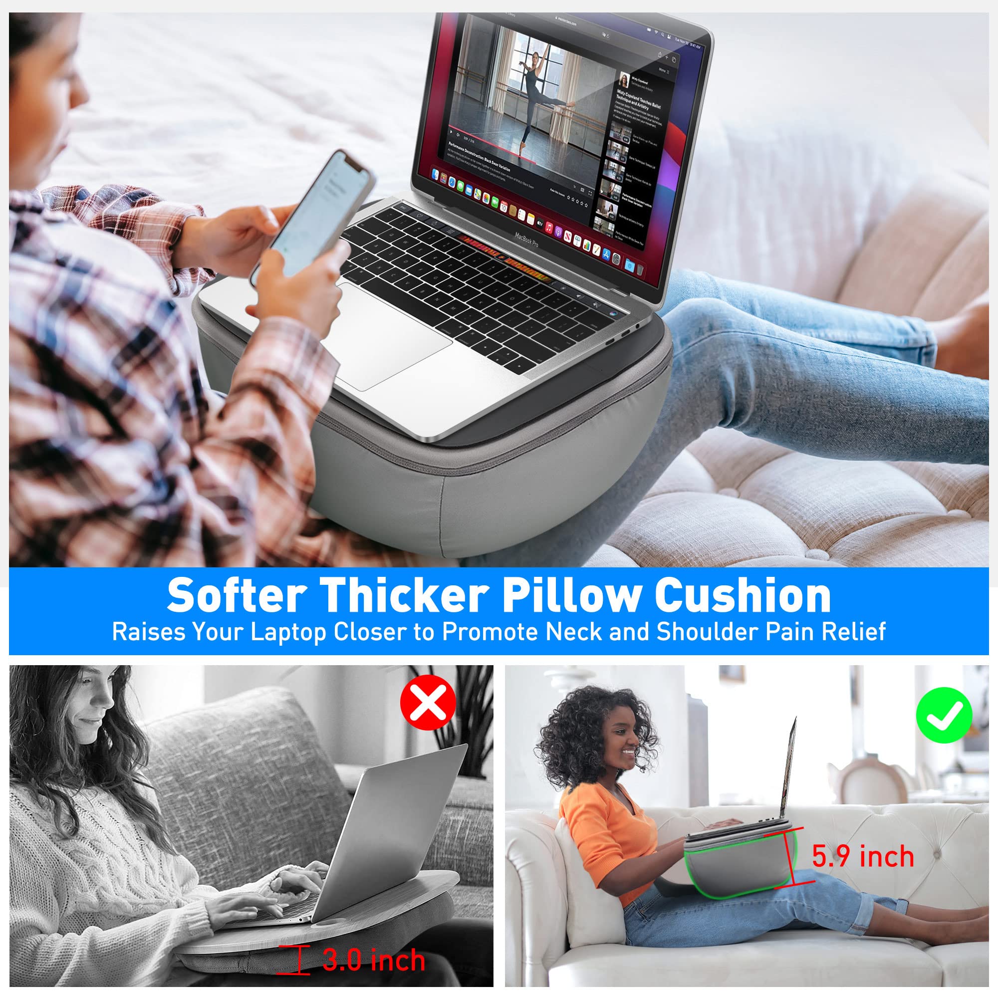 Ultra-Thick Lap Desk with Cushion & Portable Laptop Desk with Mouse Pad - Ergonomic Laptop Tray for Work, Study & Gaming (TH-4G + LD-6B) - Perfect for Home Office, Bed, Couch & Travel Use
