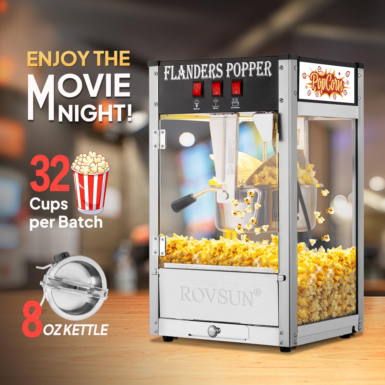 Bonnlo 8oz Commercial Popcorn Machine - Countertop Movie Theater Style Popper with 32 Cups Capacity, Includes Stainless Steel Scoop, Oil Spoon & 3 Popcorn Cups - Perfect for Home Theater, Parties & Snack Bars (Black)