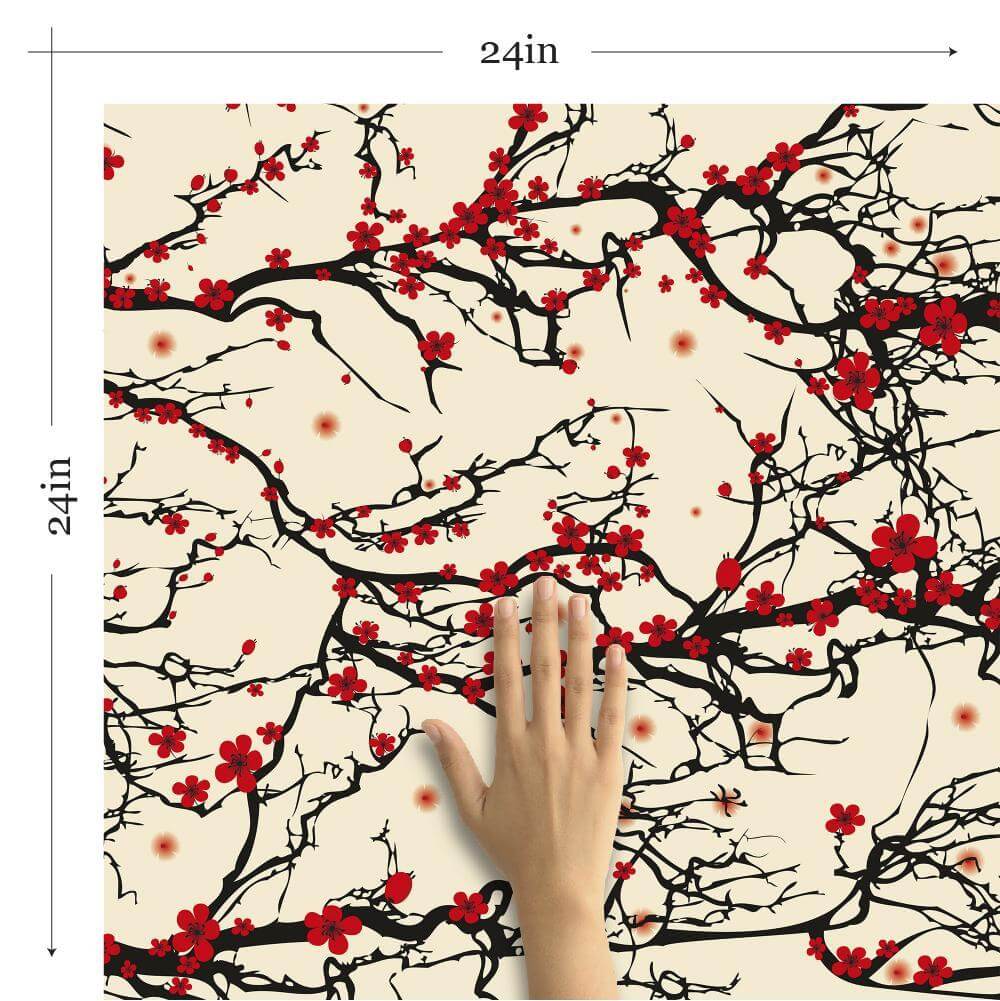 Black and Red Japanese Floral Peel and Stick Removable Wallpaper - Self-Adhesive Decorative Vinyl for Bedroom, Living Room, Office - Easy to Apply & Remove