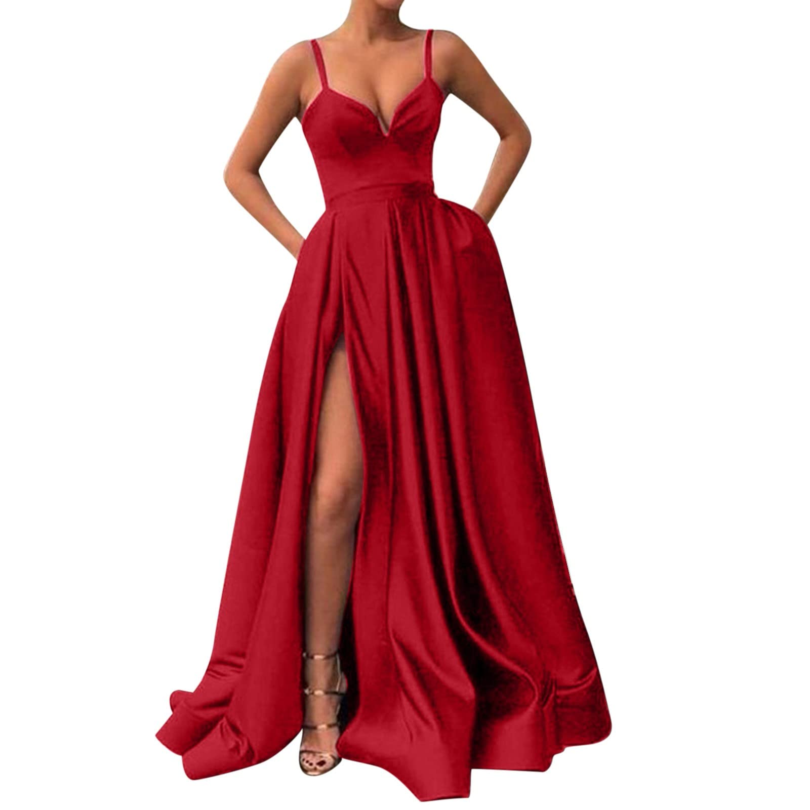 Elegant Women's Satin V-Neck Backless Party Dress with Slit & Side Zipper - Formal Evening Gown for Weddings, Prom, Cocktail Parties & Special Occasions