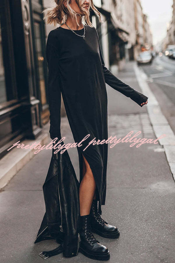 Bedisse Cotton Blend Long Sleeve Relaxed Slit Midi Dress - Comfortable Casual & Work Wear for Women | Perfect for Office, Date Night & Weekend Outings