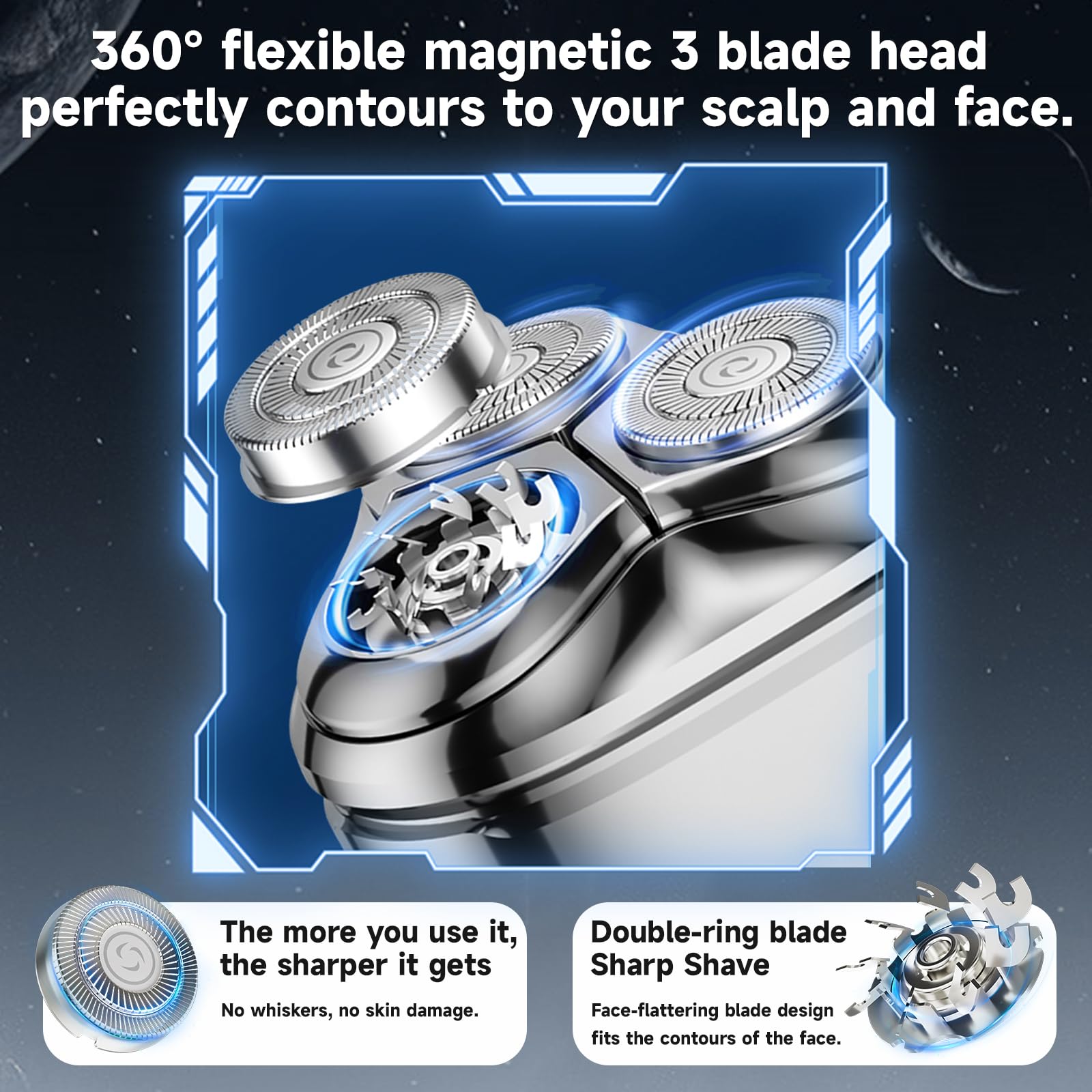 Electric Head Shaver for Bald Men - Rechargeable Wet/Dry Rotary Shaver with LED Display, 3D Magnetic Technology, Waterproof & Portable Travel Grooming Kit (Silver) - Perfect for Home, Gym & Business Trips