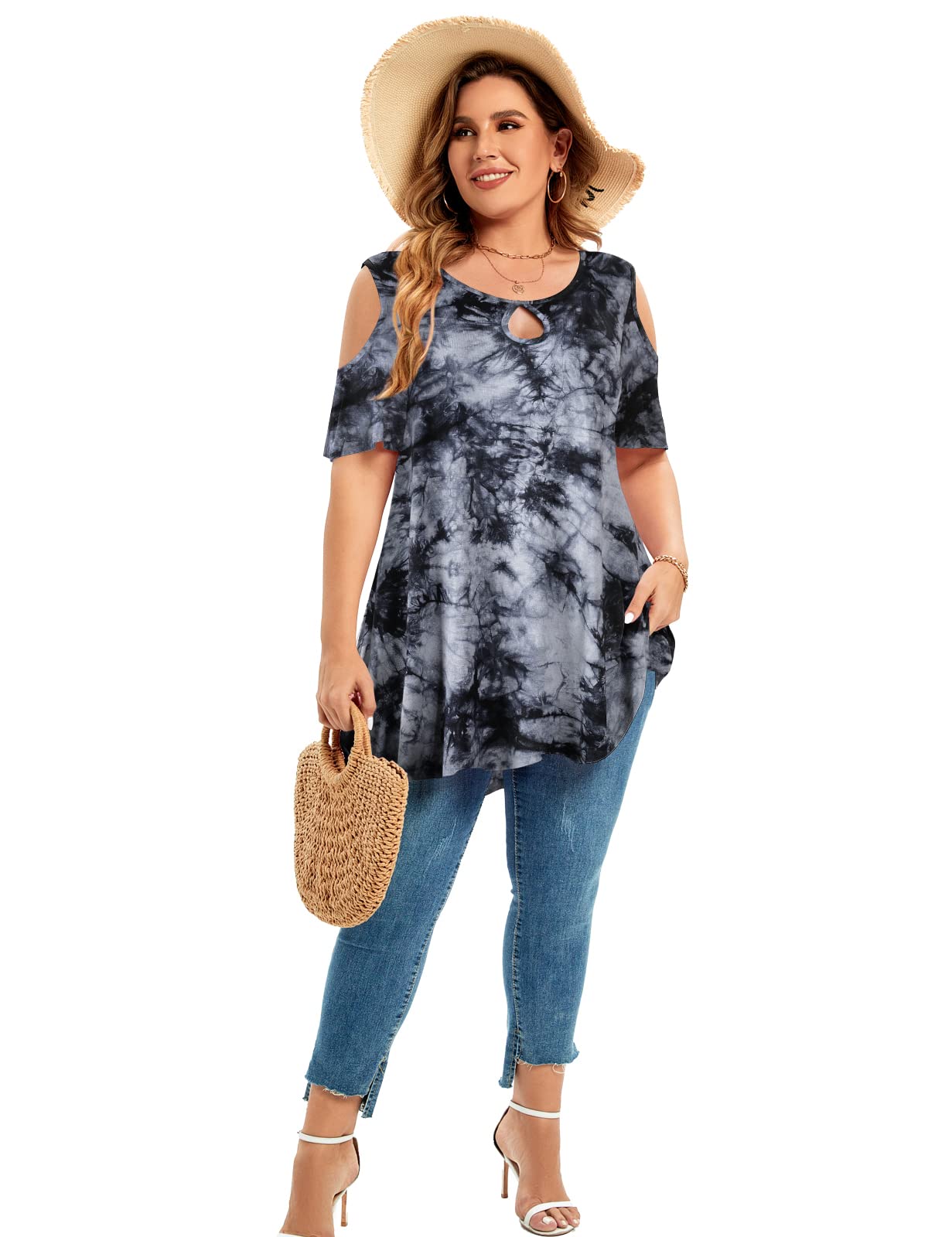 MONNURO Plus Size Cold Shoulder Tops for Women - Sexy Ruffle Short Sleeve Tunic Blouse - Casual Summer Outfit for Beach, Party & Date Night