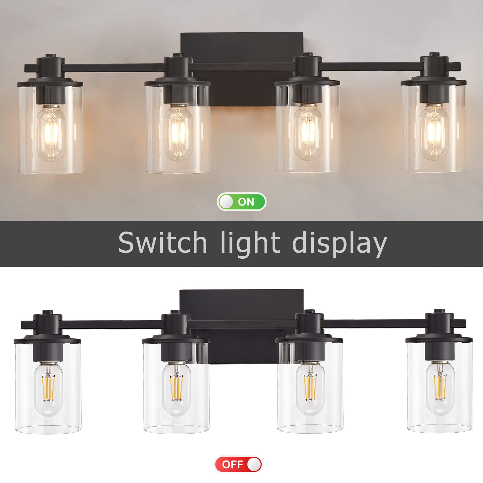 4-Light Modern Vanity Lights - Industrial Matte Black Bathroom Light Fixtures with Clear Glass Shades - Perfect for Bathroom Vanity, Living Room, Bedroom Mirror & Hallway Lighting - Elegant Home Decor for Modern Interiors