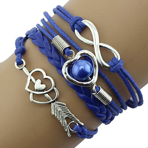 Vintage Friendship Bracelet with Leather, Pearl & Heart Charm - Adjustable Sports Watch (Blue, One Size) - Perfect for Gifts, Parties & Everyday Wear
