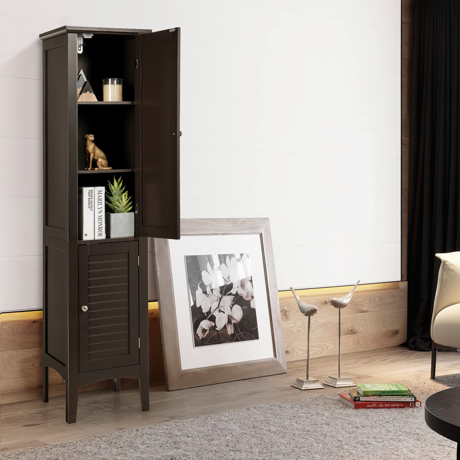 Tangkula 5-Tier Tall Bathroom Storage Cabinet - Freestanding Wooden Tower Organizer with 2 Doors & Shelves for Bathroom, Living Room, Kitchen - Narrow Floor Cabinet (Brown) | Perfect for Small Spaces, Apartment Storage & Home Organization