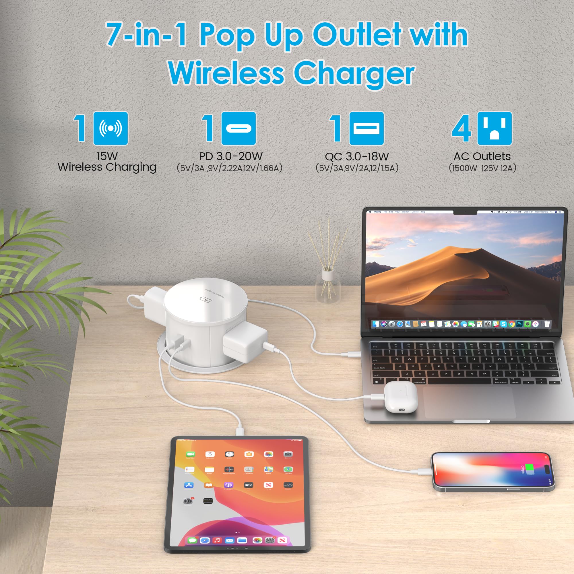 15W Wireless Charger Pop Up Outlet with 4 AC Outlets & 20W PD USB Fast Charging - 4.75 Inch Desk Power Grommet with 6FT Cord for Office, Conference Room, Kitchen, Home and Workspace Use