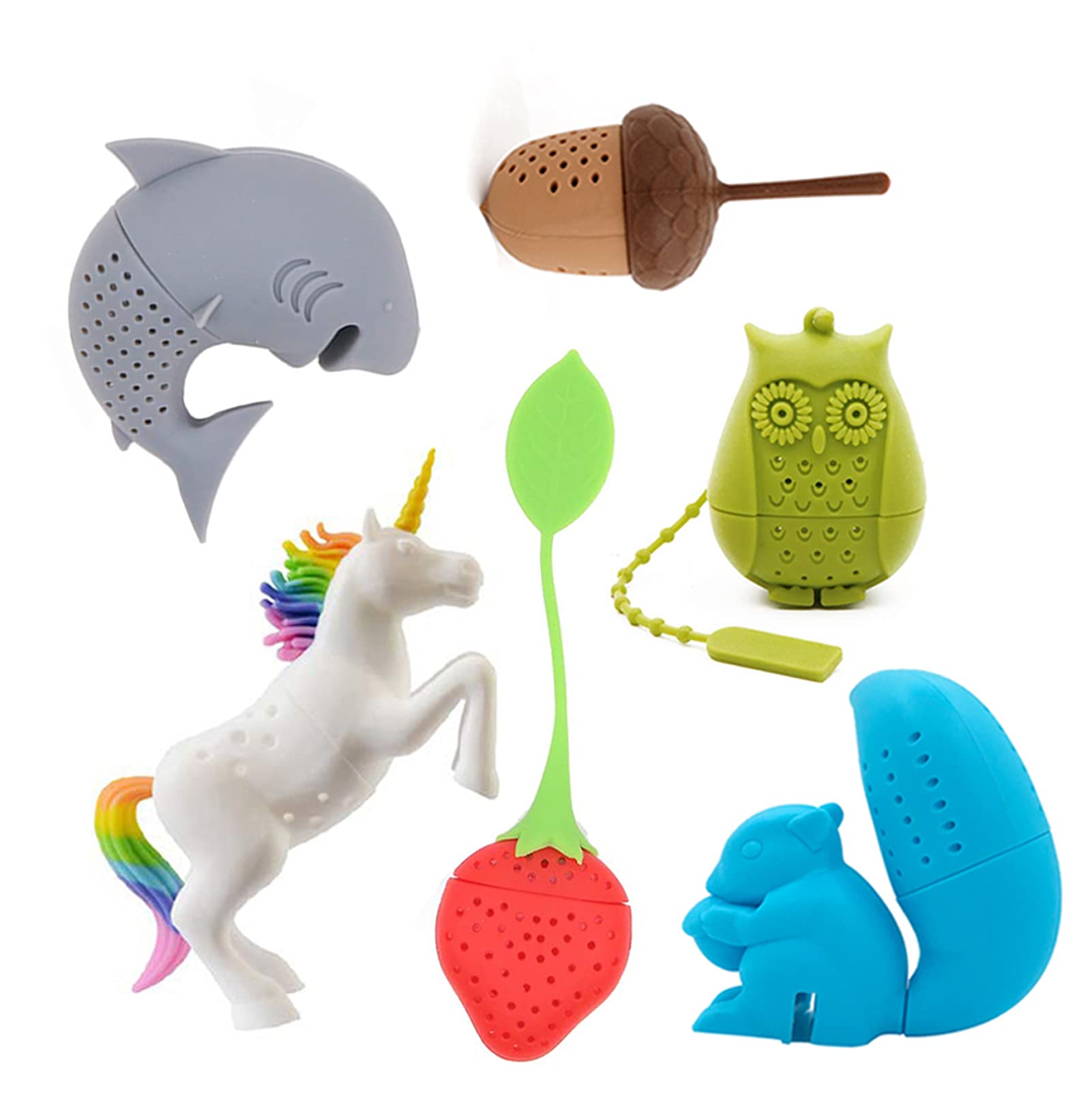 Cute Animal Silicone Tea Infusers - Unicorn, Shark, Squirrel, Cat, Owl & Elephant Tea Strainers (6-Piece Set) - Perfect Gift for Tea Lovers - Great for Loose Leaf Tea Brewing at Home, Office or Parties