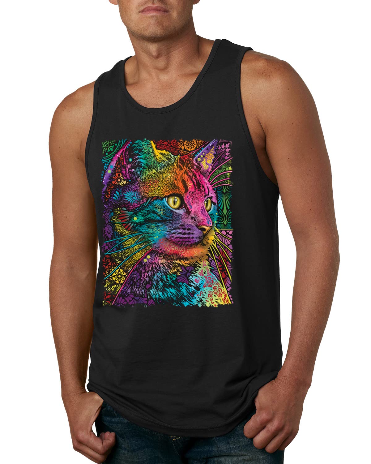 Dean Russo Art Cat Lover Graphic Tank Top for Men - Colorful Cat Portrait Design - Perfect Gift for Cat Owners & Pet Lovers - Casual Summer Wear & Cat-Themed Outfits