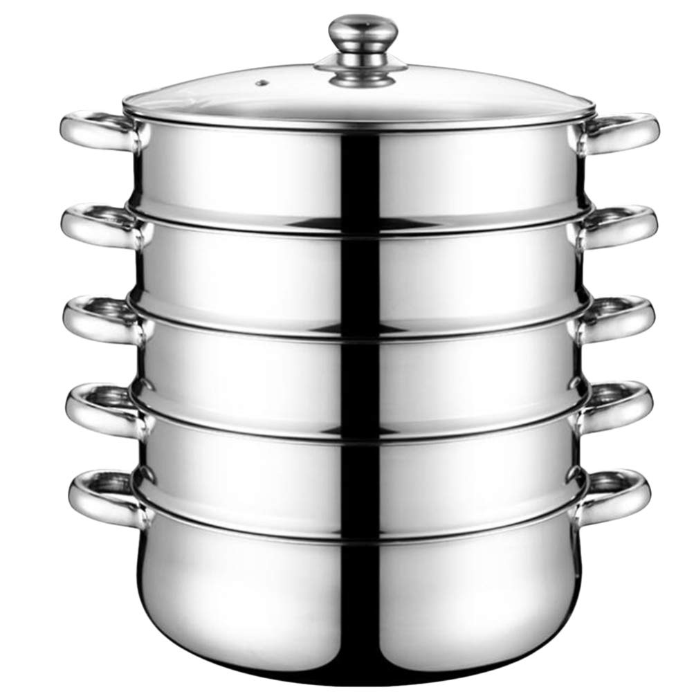 5-Tier Stainless Steel Steamer Pot 28cm - Multi-Layer Vegetable Food Steamer with Lid & Handles - Durable Cookware for Stove Top, Grill & Kitchen Use - Perfect for Healthy Meals, Meal Prep & Party Cooking