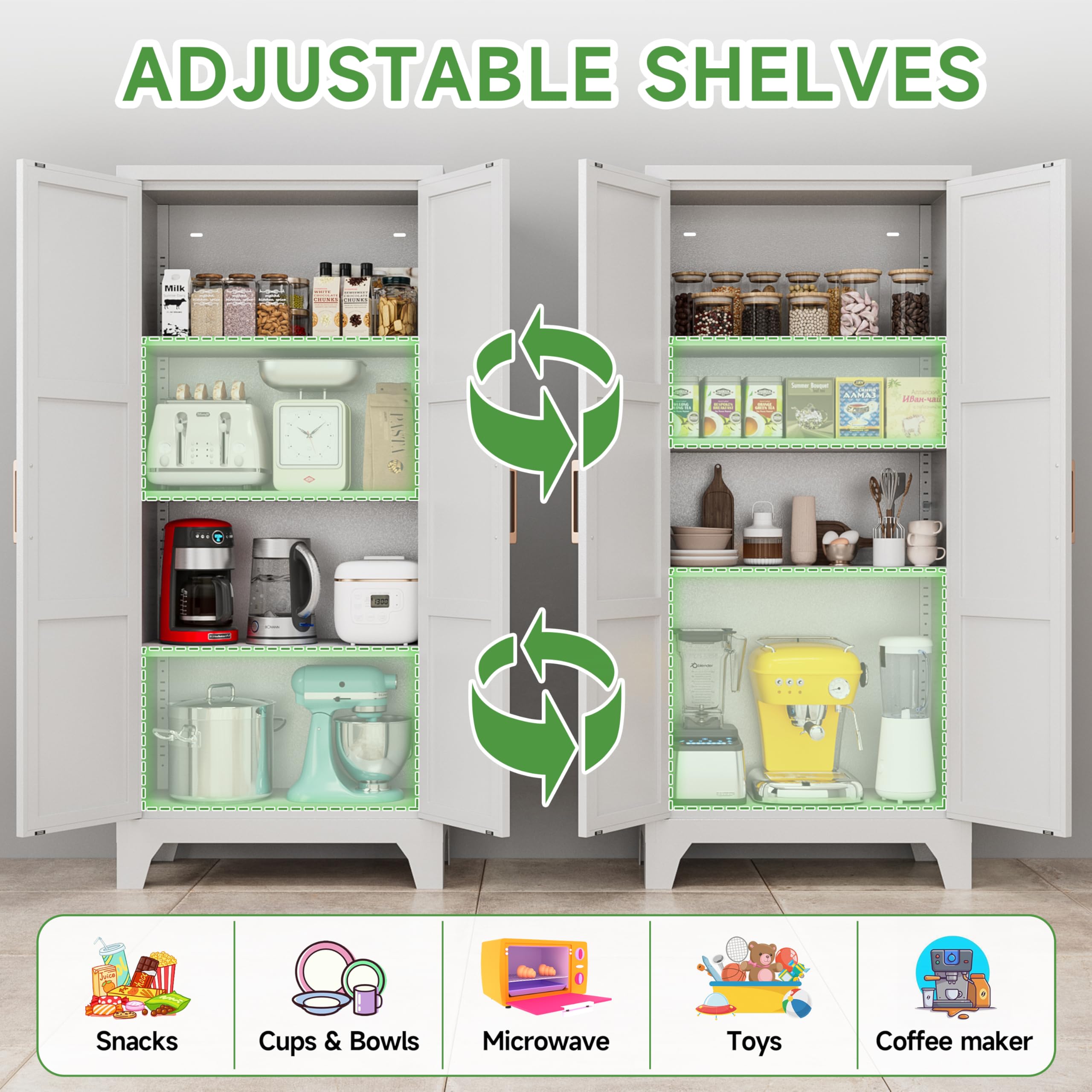 White Metal Pantry Cabinet with Adjustable Shelves & Doors - Kitchen Storage Organizer for Food, Dishes & Supplies - Perfect for Kitchen, Living Room & Dining Room - Easy Assembly Required