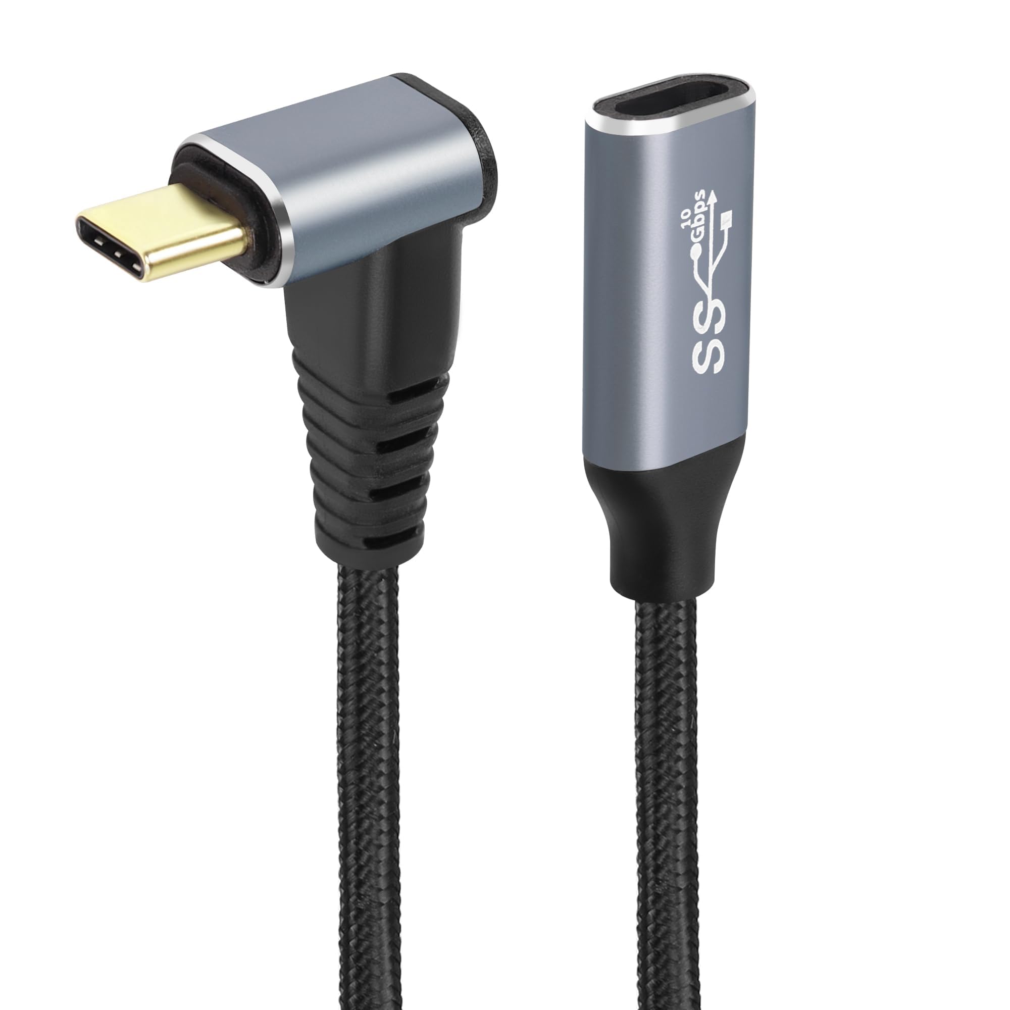 90 Degree USB C Cable 0.25M (0.8Ft) - USB 3.1 Gen 2 Type C Male to Female 10Gbps Data & 100W PD Charging Cord - Up & Down Angled Design (Black) - Perfect for Laptops, Phones & Tight Spaces