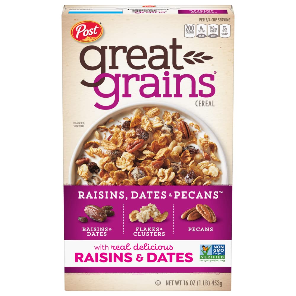 Great Grains Raisins, Dates & Pecans Breakfast Cereal - Crunchy Granola Clusters with Sweet Raisins & Dates | Non-GMO Project Verified | 16oz Box | Perfect for Healthy Breakfast, Snacks & On-the-Go Meals