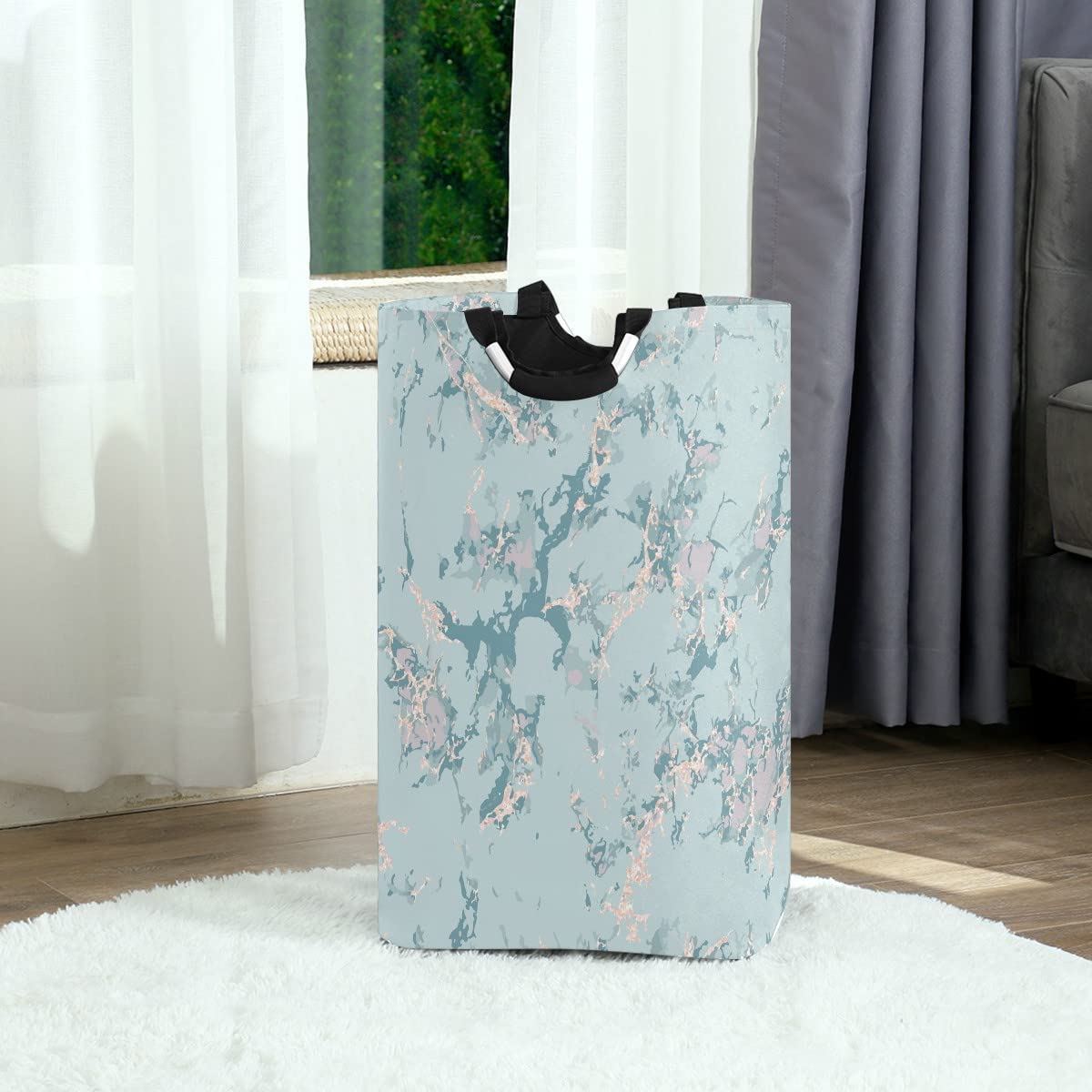 Blue Marble Laundry Bag with Handles - Foldable Collapsible Laundry Basket Hamper for Laundry Room & Bathroom Organization | Perfect for College Dorms, Travel & Home Storage