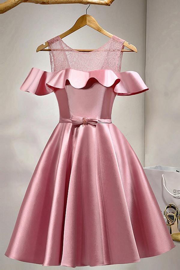 Elegant A-Line Knee-Length Cold Shoulder Pink Satin Homecoming Dress with Lace Detail TR0178 - Perfect for Prom, Party, and Special Occasions