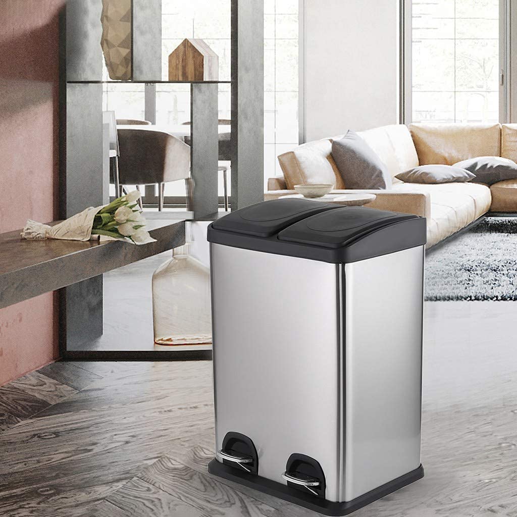 30L Stainless Steel Dual Compartment Step Trash Can with Pedal - Rectangular Kitchen Recycling Bin for Waste Sorting | Perfect for Eco-Friendly Homes, Restaurants & Offices