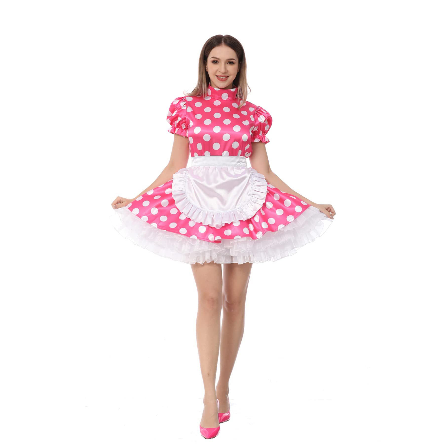 JOLINE Sissy Women's Vintage Maid Dress - Pink with White Polka Dots, Satin Puff Sleeve Costume for Cosplay, Halloween, Role Play & Themed Parties