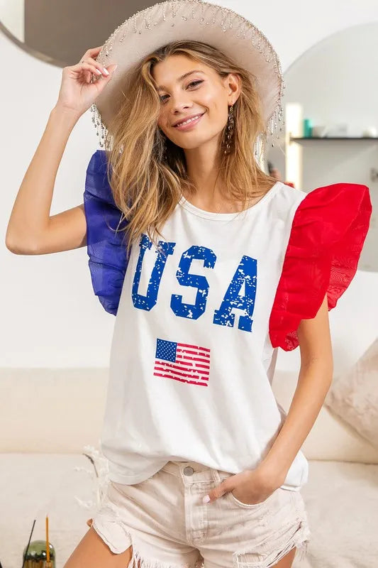 BiBi USA Women's Color Block Organza Ruffle Sleeve Blouse | Elegant Party Top for Weddings, Dinners & Special Occasions