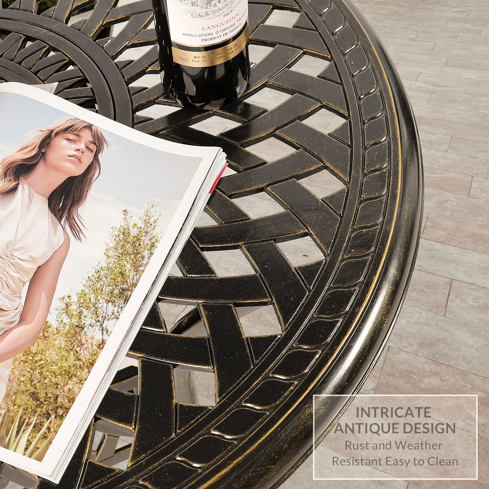 VIVIJASON 31 Inch Round Outdoor Patio Bistro Table - Bronze Cast Aluminum Dining Table with Umbrella Hole - Perfect for Backyard, Garden, Poolside & Restaurant Outdoor Seating