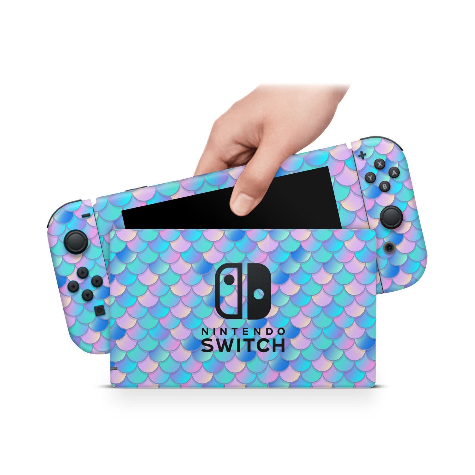 ZOOMHITSKINS Nintendo Switch Skin Cover - Mermaid Scales Fish Gloss Vinyl Decal Sticker Wrap in Pastel Pink & Baby Blue Ocean Colors | Made in USA | Perfect for Gaming Protection & Customization