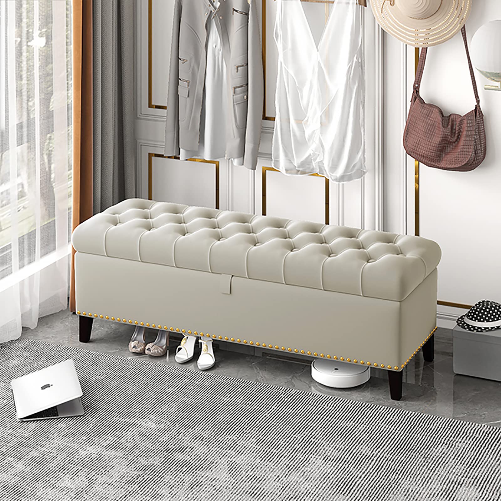 Luxury Velvet Storage Bench with Buttons - Upholstered Ottoman for Bedroom, Living Room & Entryway - Modern Bed End Bench with Storage Chest - Light Yellow (60x40x45cm/24x16x18in) - Perfect for Small Space Organization & Seating Solution