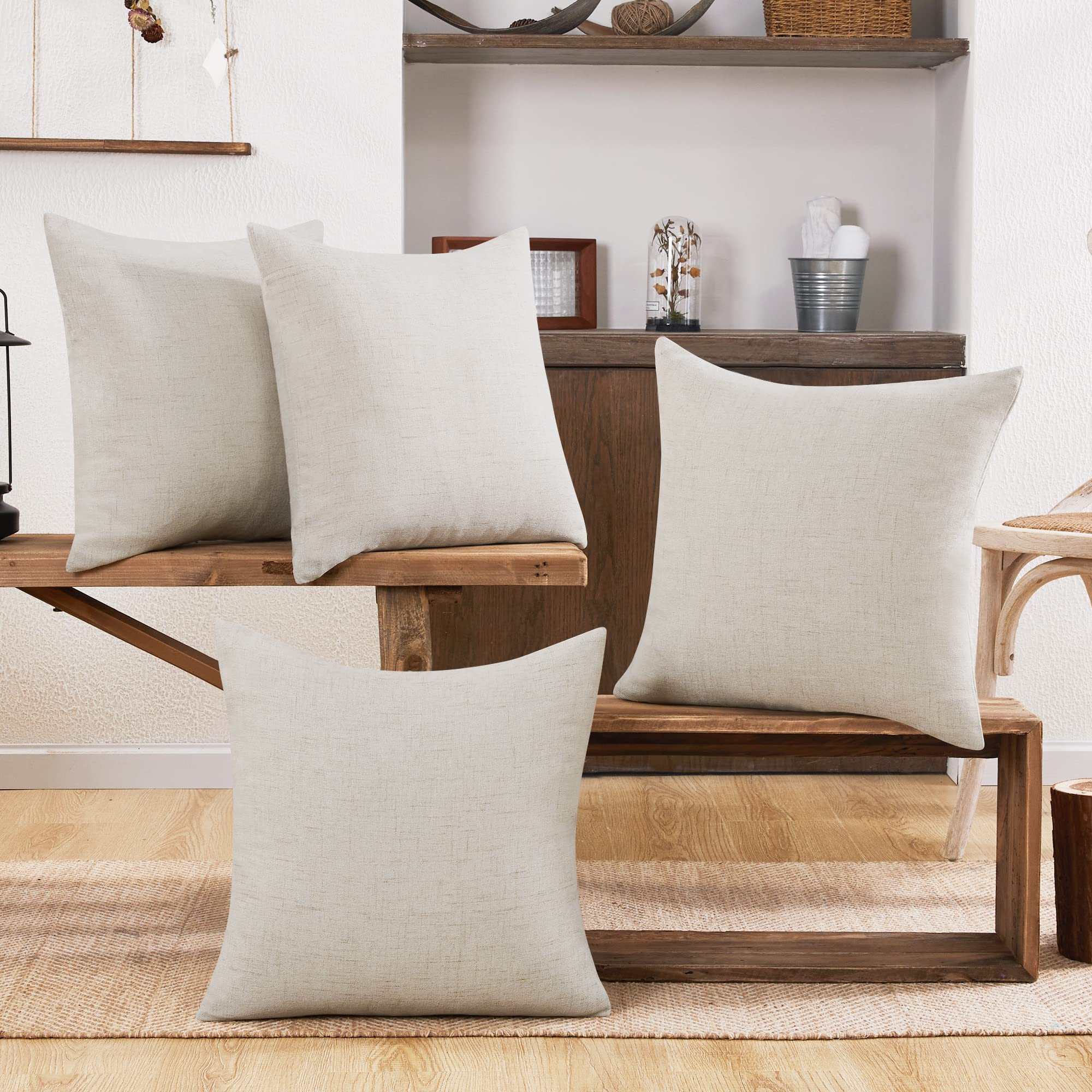 Deconovo 22x22 Inch Linen Throw Pillow Covers Set of 4 - Soft Couch Cushion Covers with Hidden Zipper for Sofa, Bed & Living Room Decor (Light Flax, Pillow Shams Only) - Perfect for Home Styling, Cozy Reading Nooks & Guest Room Accents