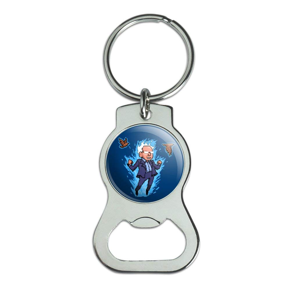 Pixel Super Bernie Sanders with Birds and Fire Keychain - Bottle Cap Opener for Beer, Camping, and Outdoor Adventures