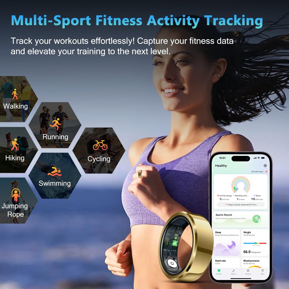 Smart Health & Fitness Tracker Ring for Men & Women - Bluetooth Activity Monitor with Step Counter, Calorie & Distance Tracking - Waterproof Sleep Monitor - Compatible with Android & iOS - Perfect for Workouts, Running & Daily Health Tracking