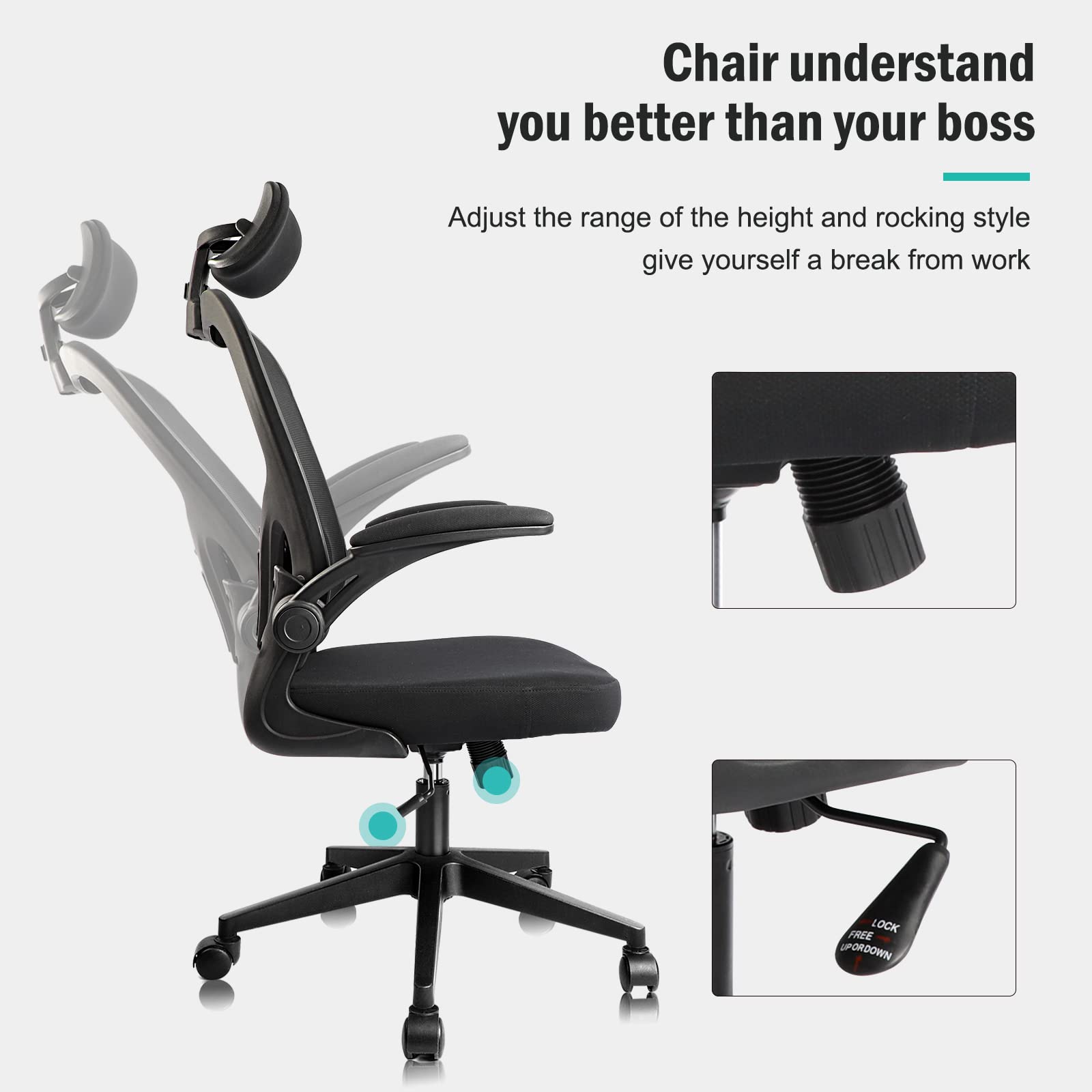 Ergonomic Office Chair with Adjustable Headrest & Lumbar Support - High Back Computer Desk Chair for Home Office - Comfortable Swivel Task Chair for Long Hours Work, Gaming & Study (Black)