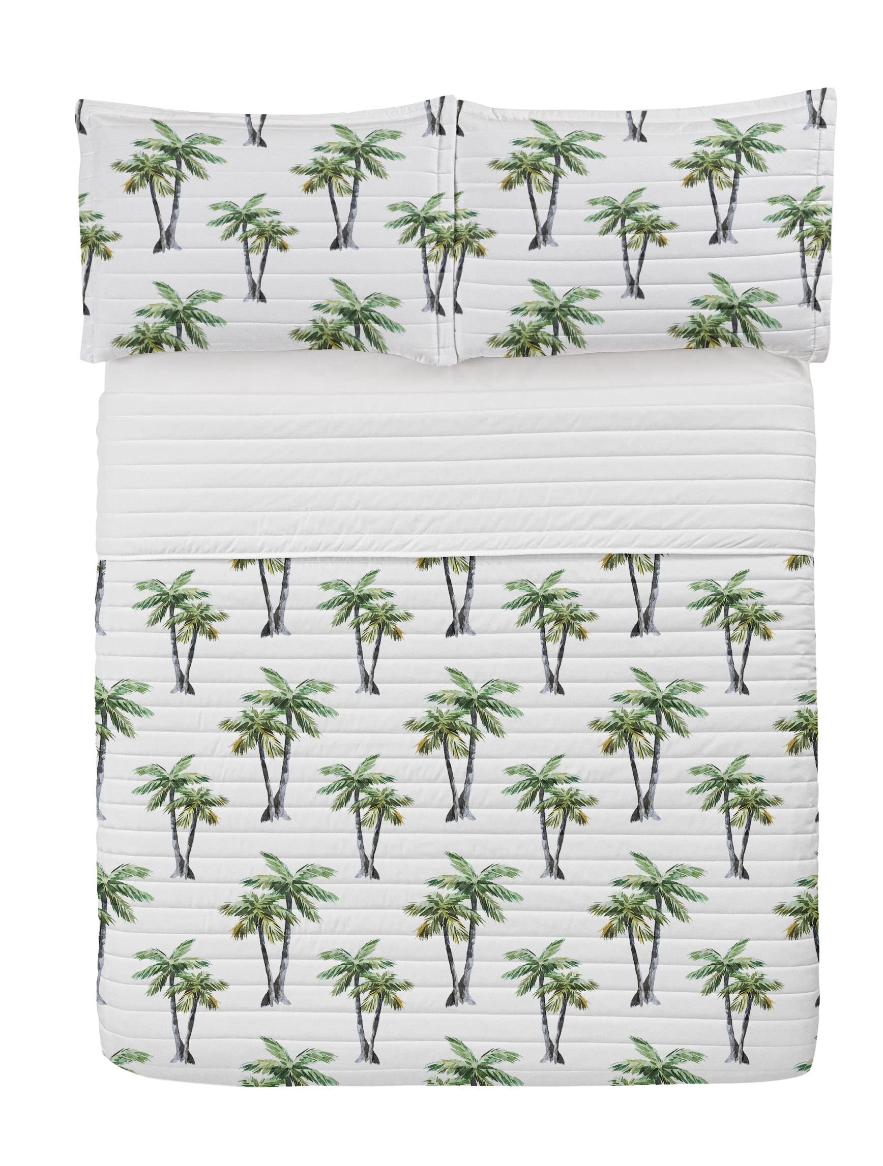Ambesonne Queen Size Microfiber Bedspread Set - Tropical Palm Tree Watercolor Design with Pillow Shams & Comforter in Grey Green White | Soft Botanical Bedding for Beach House, Vacation Home or Tropical Bedroom Decor