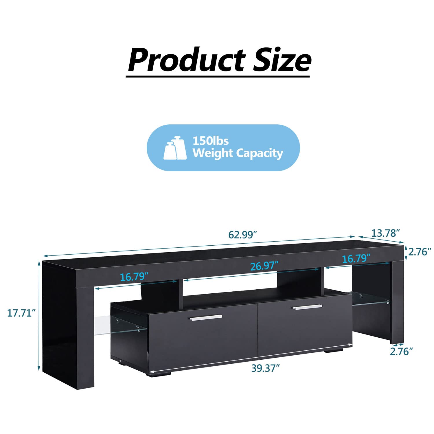 65 Inch LED TV Stand with Glossy Finish & Storage Cabinet - Modern Entertainment Center with LED Lights, Black Media Console for Living Room - Perfect for Home Theater & Gaming Setup